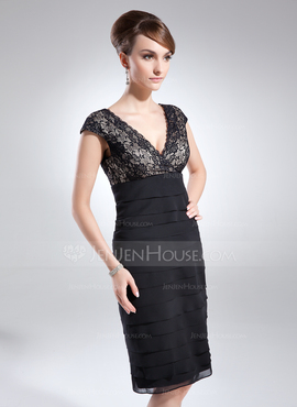 Sheath V-neck Knee-Length Chiffon Lace Cocktail Dress With Ruffle