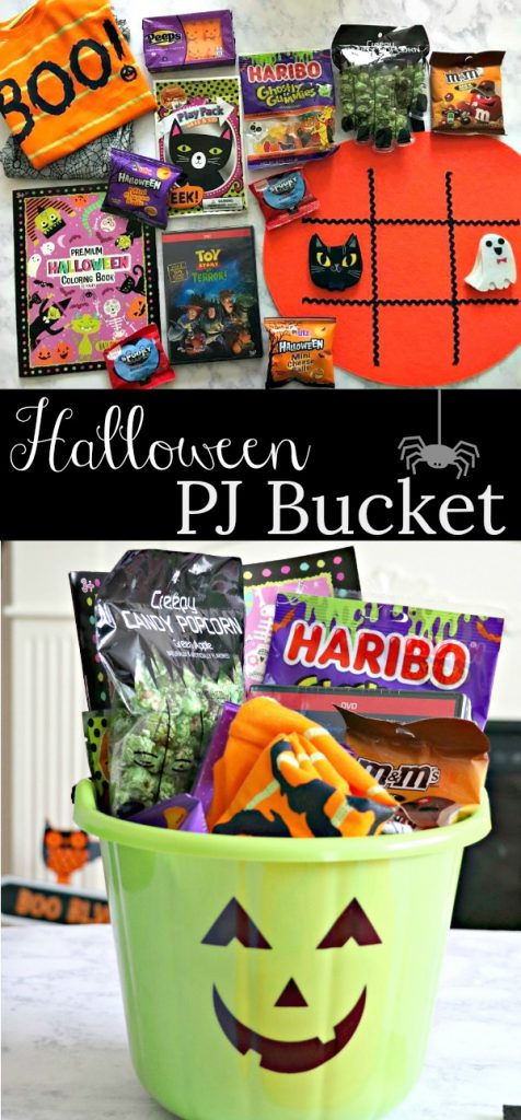 Halloween pajama, dvd, and snack bucket for kids