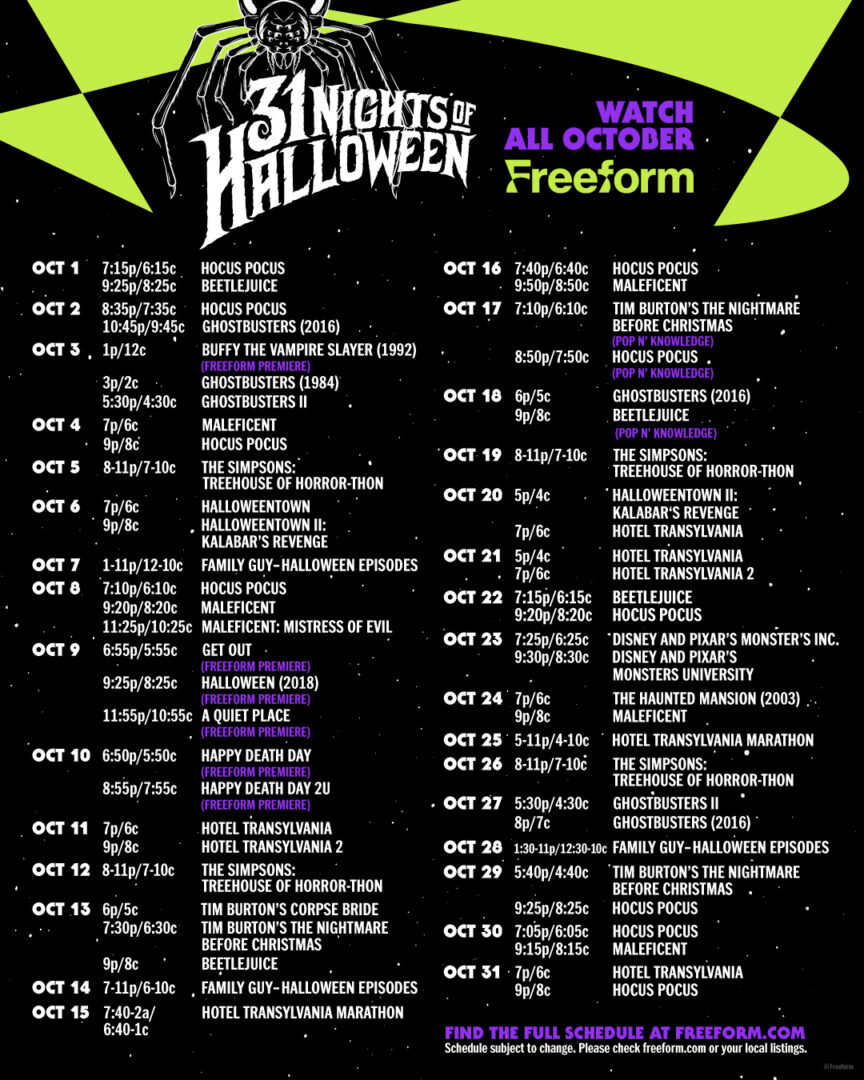 Freeform 31 Nights of Halloween 2022 Free Printable Schedule » The